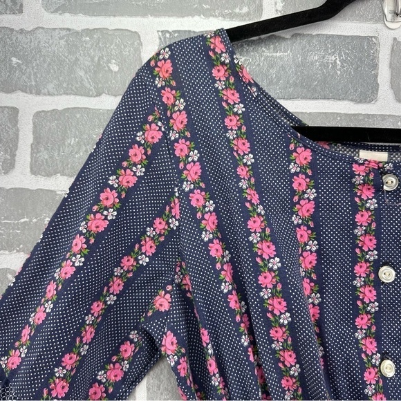 Vintage Berkliff Boho Floral Peasant Navy and Pink Midi Dress Size Medium - Picture 8 of 9